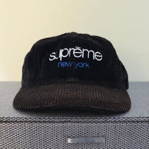 Supreme Black Corduroy Hat with Blue Embroidery